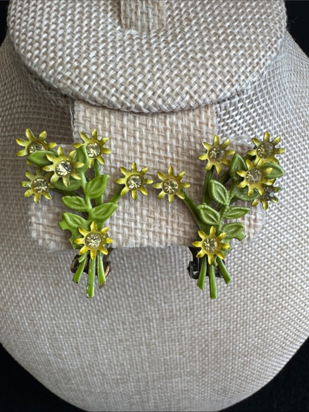 VTG 1962 Yellow Enamel Flower Bouquet Clip-on Earrings Yellow Green Rhinestone